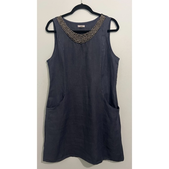 Lina Tomei Dress Women’s Large Blue Gray Linen Sleeveless Beaded Lagenlook Italy - Picture 3 of 14